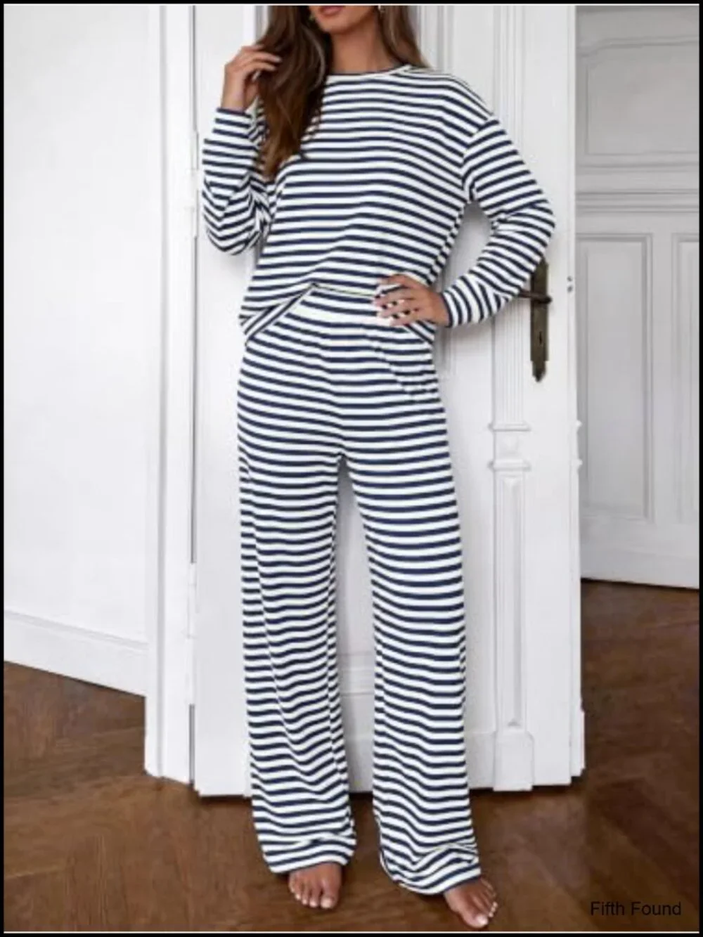 Striped Lounge Set with Wide Leg Pants, 95% Cotton 5% Elastane